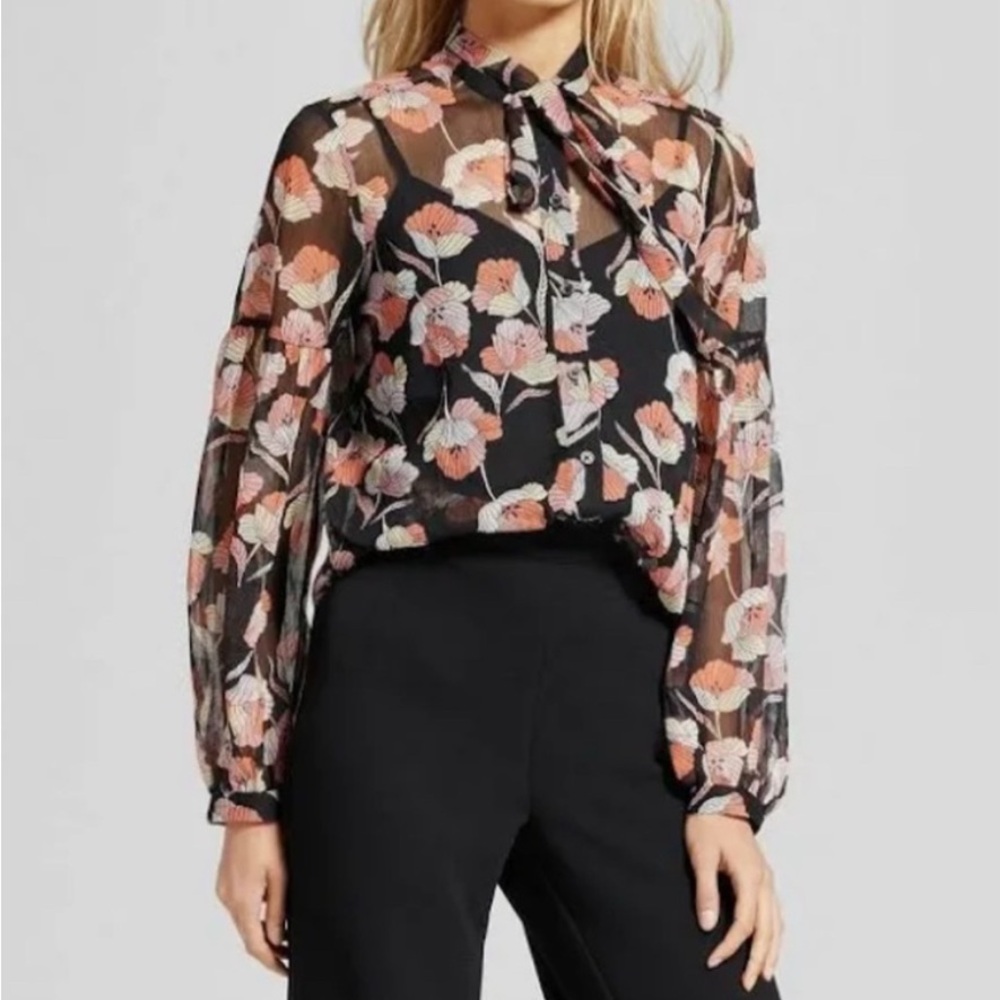 Who What Wear Black Sheer Tie-Neck Blouse with Pink Floral